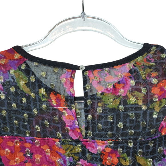 Anthropologie Fiorella Floral Blouse Gold Metallic Beaded Black Pink Red 4 - Picture 10 of 16